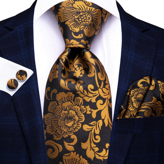 Black and Gold Floral Tie Set with Pocket Square & Cufflinks tie sets Standard packaging   - Sophisticated Gentlemen
