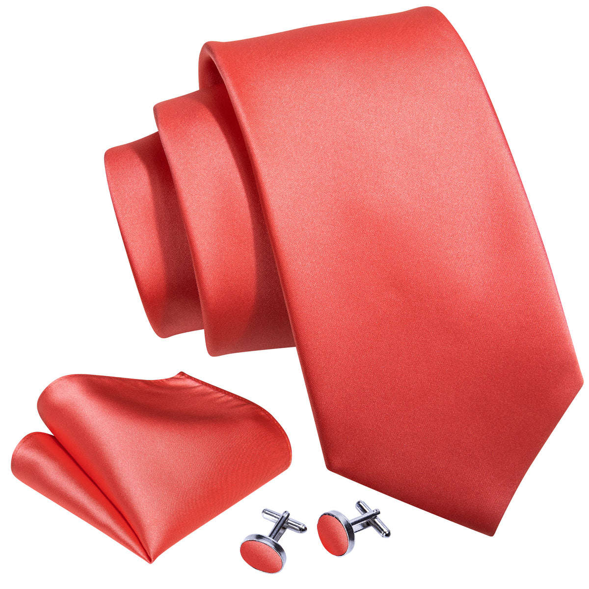 Coral Red Solid Tie, Pocket Square, and Cufflinks Set tie sets    - Sophisticated Gentlemen