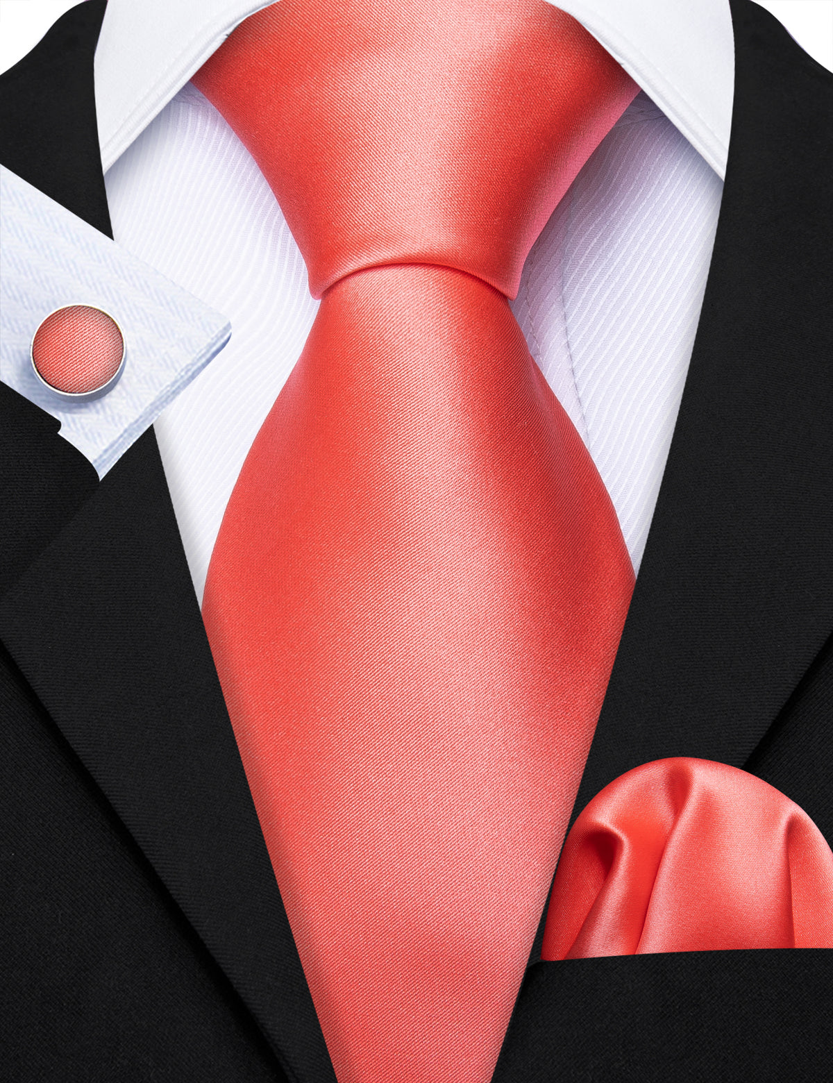 Coral Red Solid Tie, Pocket Square, and Cufflinks Set tie sets    - Sophisticated Gentlemen