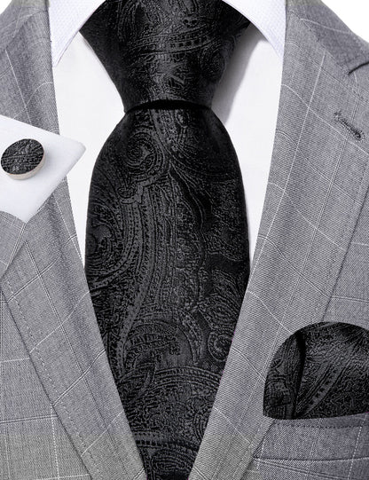 Black Paisley Tie, Pocket Square and Cufflinks Set tie sets    - Sophisticated Gentlemen