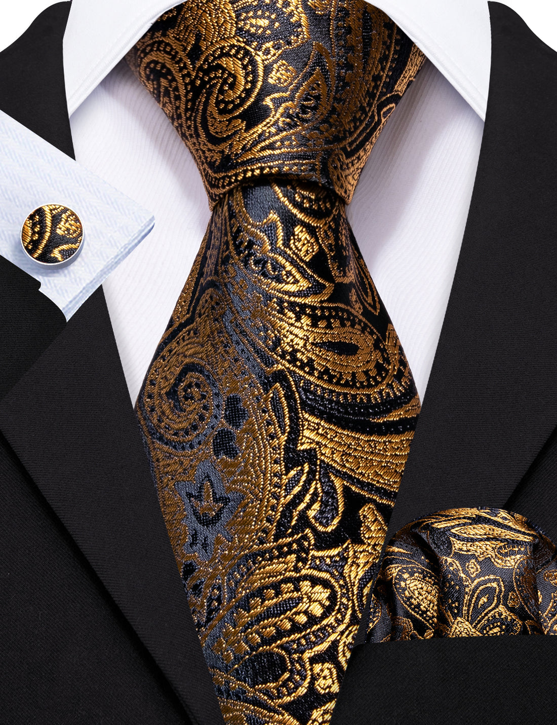 Black Gold Paisley Silk Tie, Pocket Square and Cufflinks Set tie sets    - Sophisticated Gentlemen
