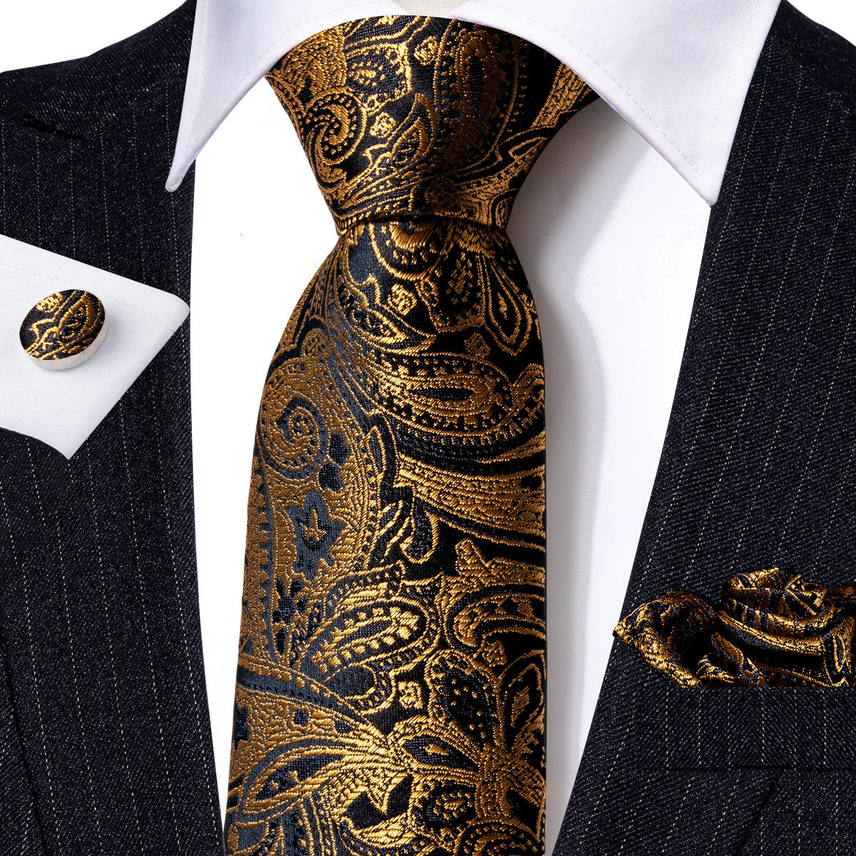 Black Gold Paisley Silk Tie, Pocket Square and Cufflinks Set tie sets    - Sophisticated Gentlemen