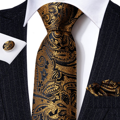 Black Gold Paisley Silk Tie, Pocket Square and Cufflinks Set tie sets    - Sophisticated Gentlemen