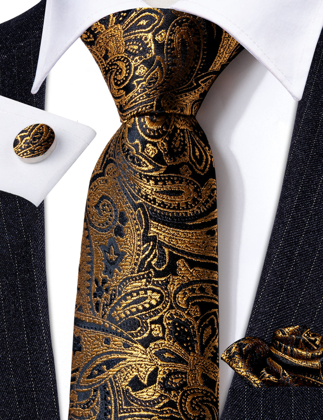 Black Gold Paisley Silk Tie, Pocket Square and Cufflinks Set tie sets    - Sophisticated Gentlemen