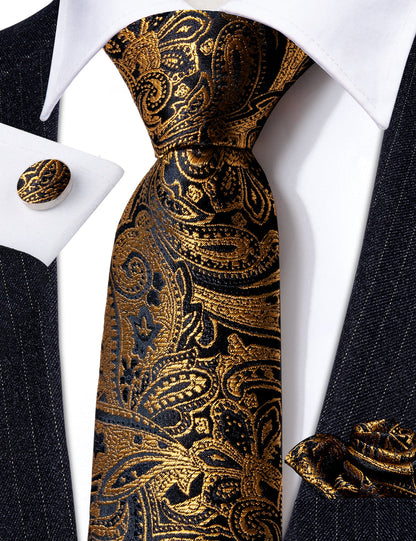 Black Gold Paisley Silk Tie, Pocket Square and Cufflinks Set tie sets    - Sophisticated Gentlemen