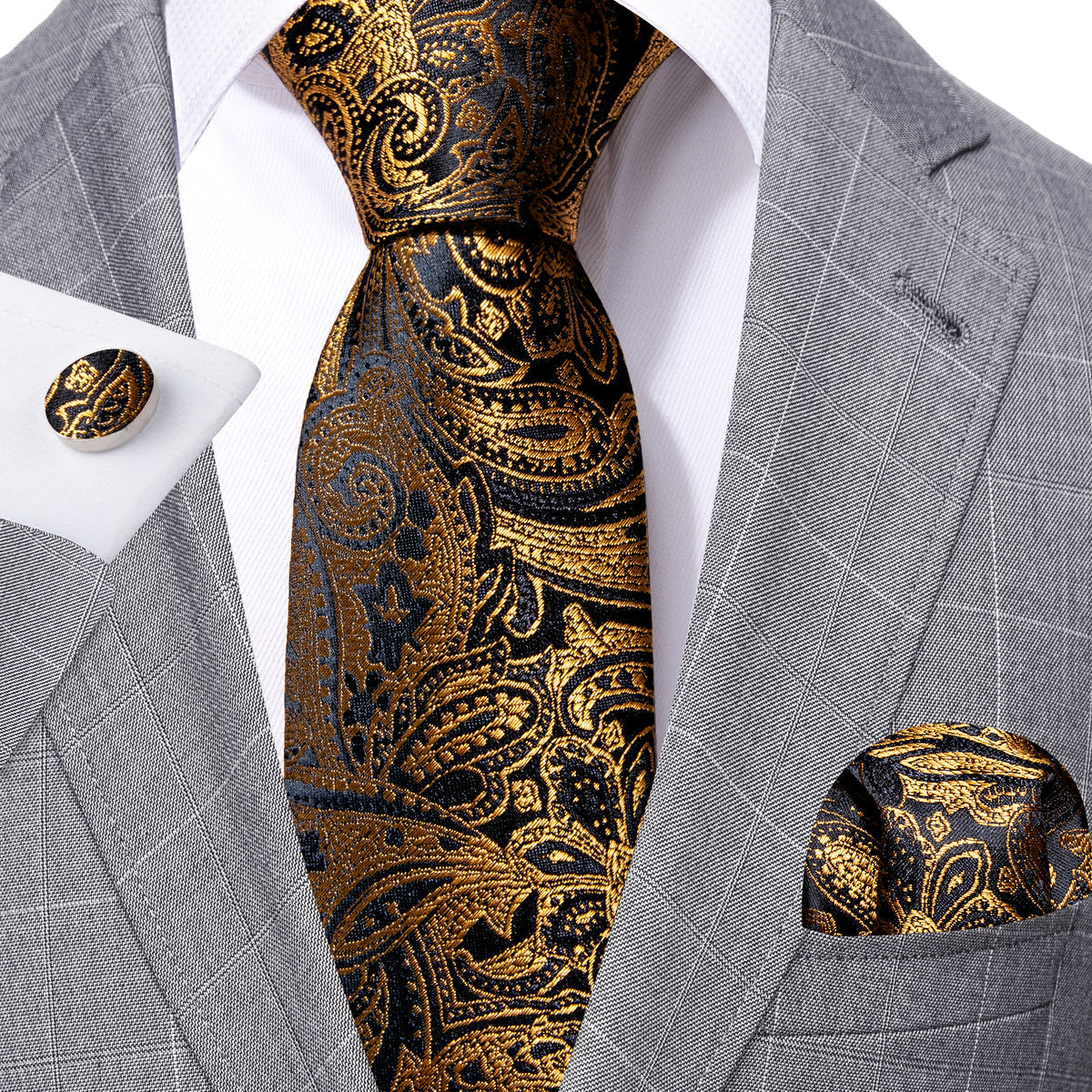 Black Gold Paisley Silk Tie, Pocket Square and Cufflinks Set tie sets    - Sophisticated Gentlemen