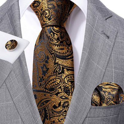Black Gold Paisley Silk Tie, Pocket Square and Cufflinks Set tie sets    - Sophisticated Gentlemen
