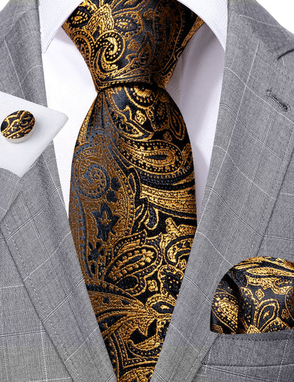 Black Gold Paisley Silk Tie, Pocket Square and Cufflinks Set tie sets    - Sophisticated Gentlemen
