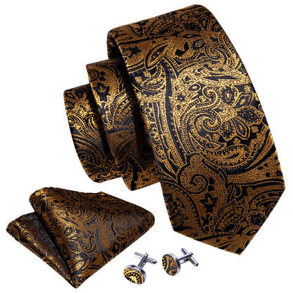 Black Gold Paisley Silk Tie, Pocket Square and Cufflinks Set tie sets    - Sophisticated Gentlemen