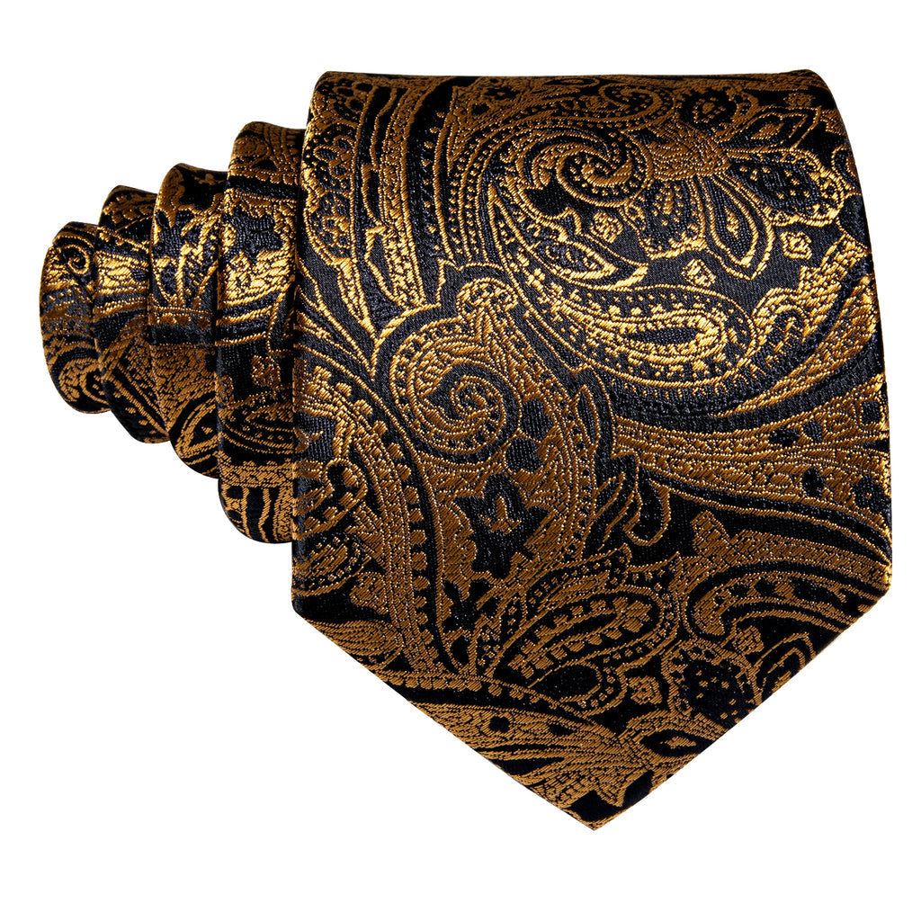 Black Gold Paisley Silk Tie, Pocket Square and Cufflinks Set tie sets    - Sophisticated Gentlemen