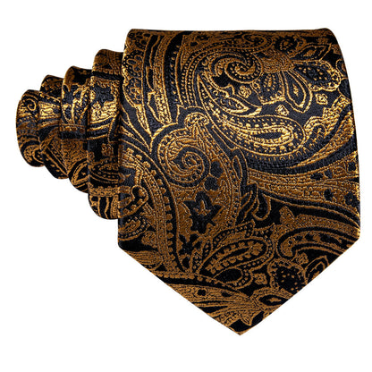 Black Gold Paisley Silk Tie, Pocket Square and Cufflinks Set tie sets    - Sophisticated Gentlemen