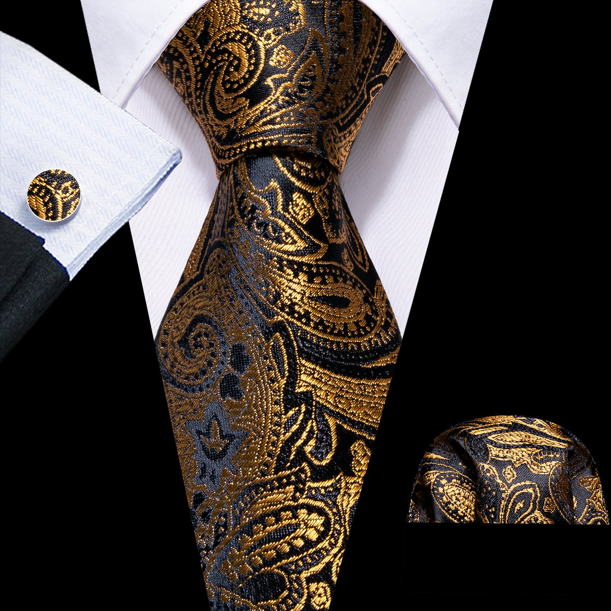 Black Gold Paisley Silk Tie, Pocket Square and Cufflinks Set tie sets    - Sophisticated Gentlemen