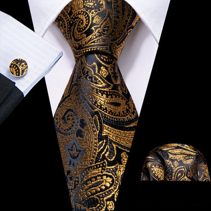 Black Gold Paisley Silk Tie, Pocket Square and Cufflinks Set tie sets    - Sophisticated Gentlemen