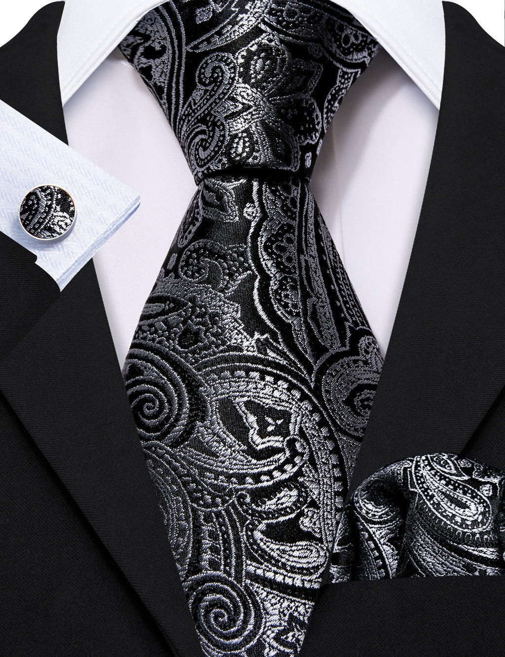 Black Silver Paisley Silk Tie, Pocket Square and Cufflinks Set tie sets    - Sophisticated Gentlemen