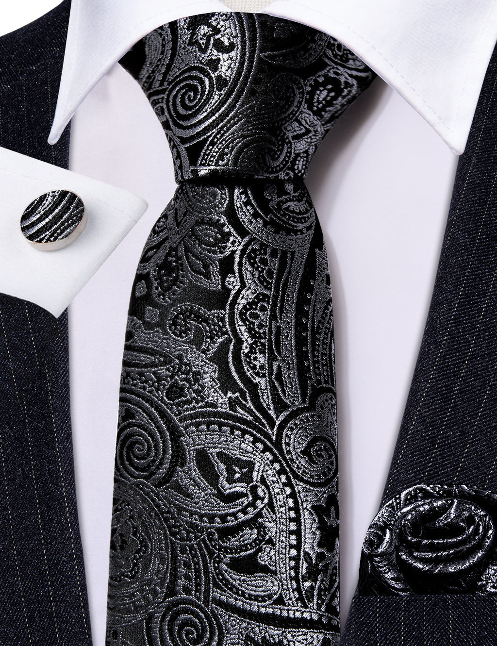 Black Silver Paisley Silk Tie, Pocket Square and Cufflinks Set tie sets    - Sophisticated Gentlemen