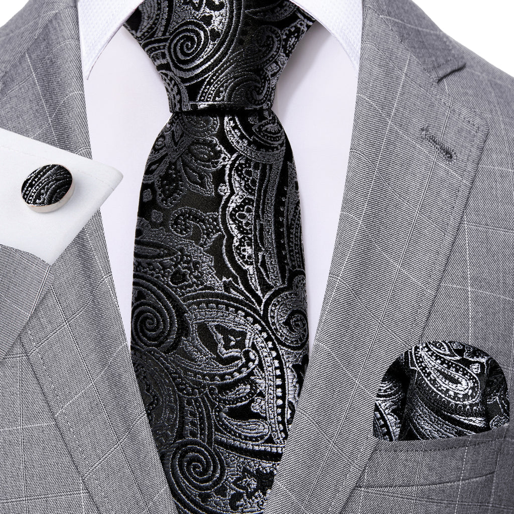 Black Silver Paisley Silk Tie, Pocket Square and Cufflinks Set tie sets    - Sophisticated Gentlemen