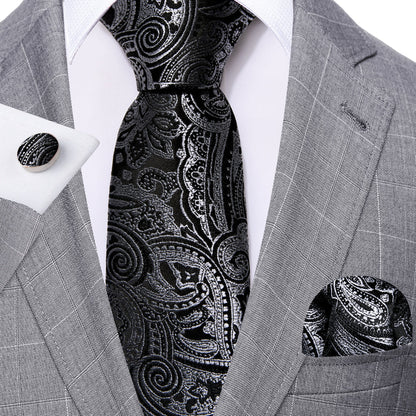 Black Silver Paisley Silk Tie, Pocket Square and Cufflinks Set tie sets    - Sophisticated Gentlemen
