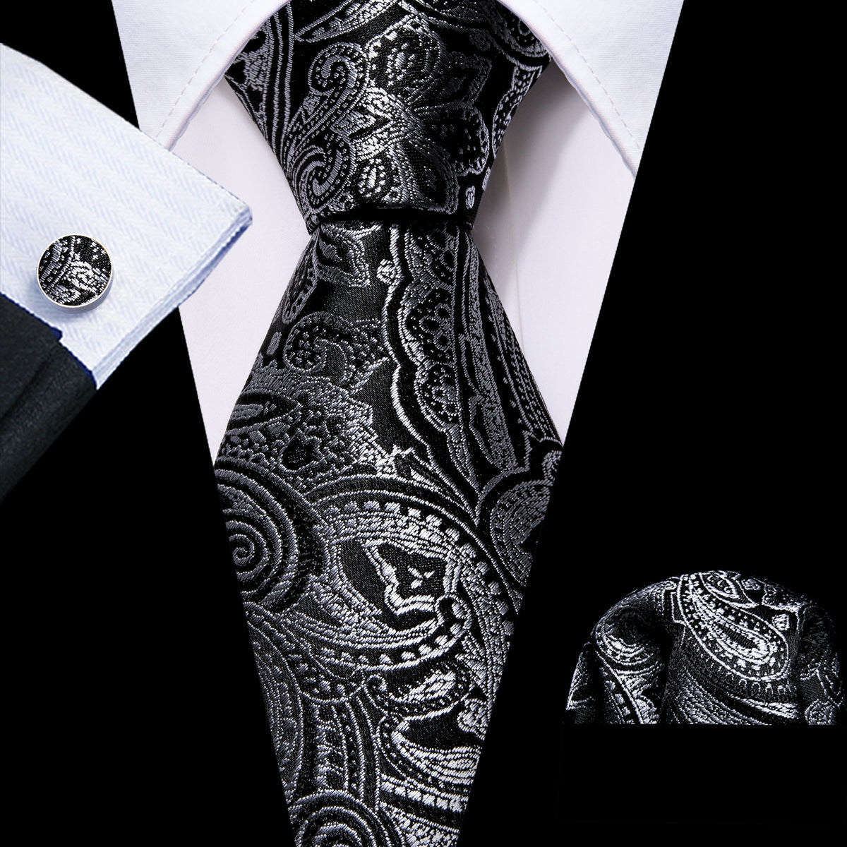 Black Silver Paisley Silk Tie, Pocket Square and Cufflinks Set tie sets    - Sophisticated Gentlemen