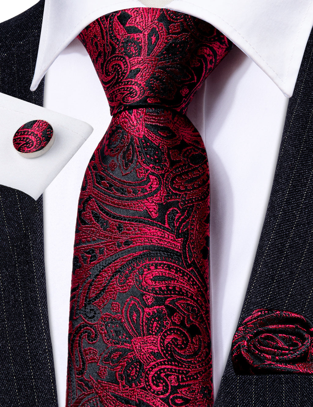 Red Black Paisley Silk Tie, Pocket Square and Cufflinks Set tie sets    - Sophisticated Gentlemen