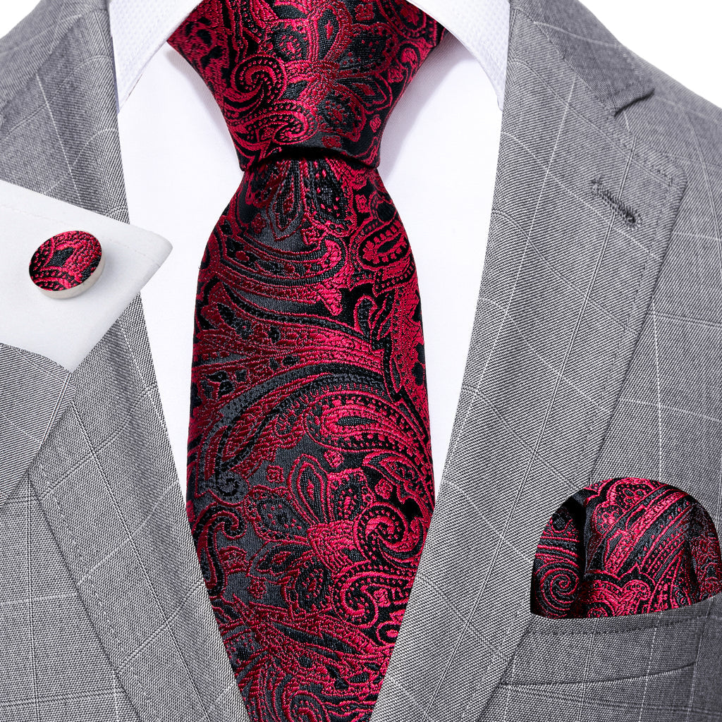 Red Black Paisley Silk Tie, Pocket Square and Cufflinks Set tie sets    - Sophisticated Gentlemen