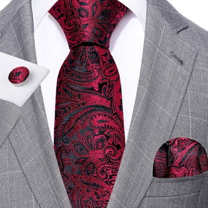 Red Black Paisley Silk Tie, Pocket Square and Cufflinks Set tie sets    - Sophisticated Gentlemen