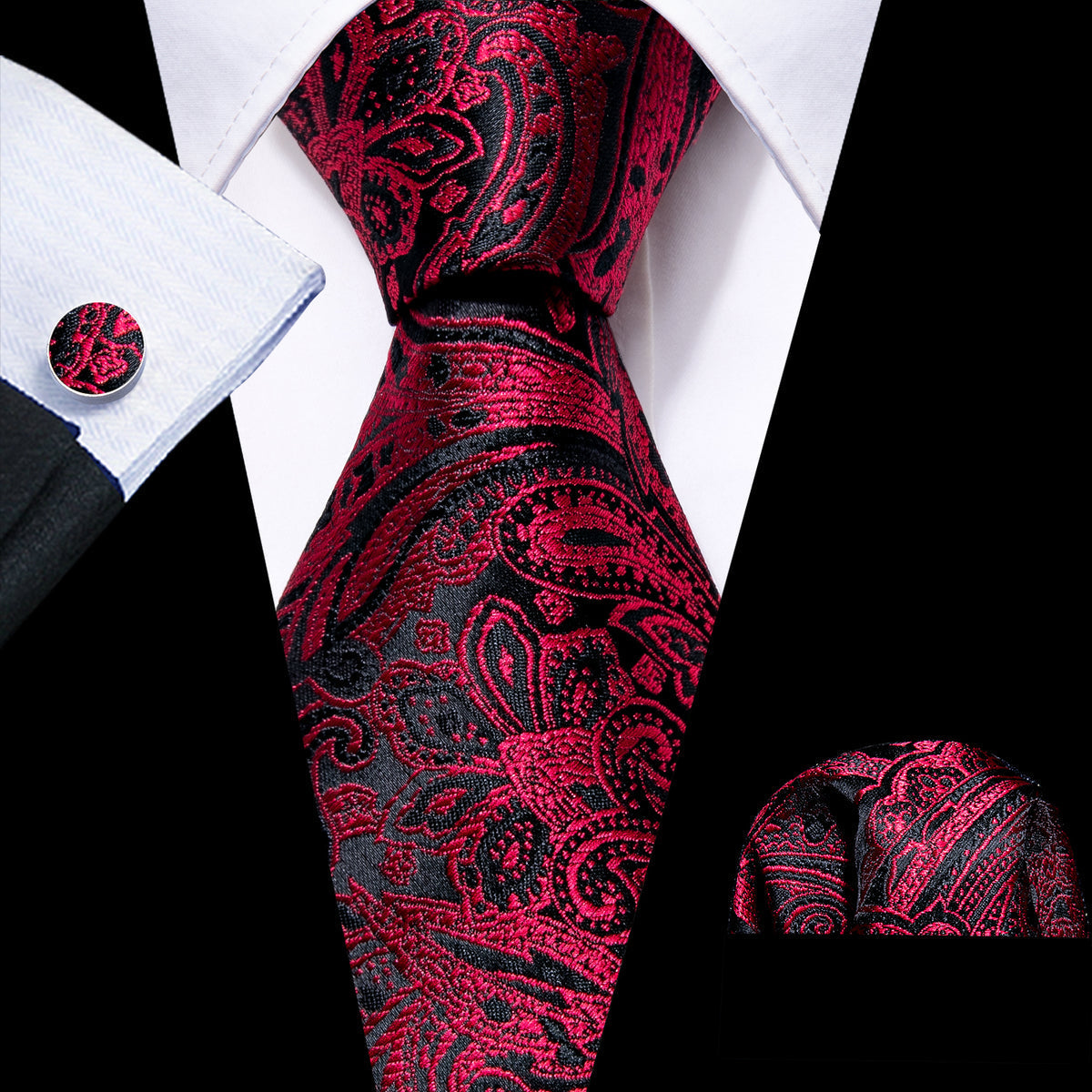Red Black Paisley Silk Tie, Pocket Square and Cufflinks Set tie sets    - Sophisticated Gentlemen