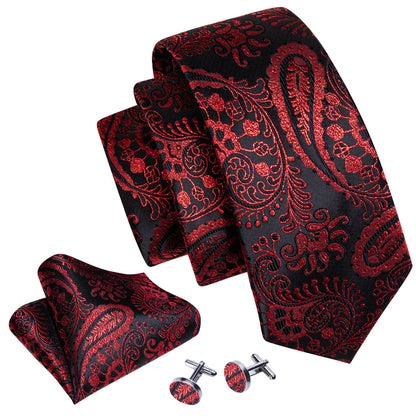 Red Black Paisley Silk Tie, Pocket Square and Cufflinks Set tie sets    - Sophisticated Gentlemen