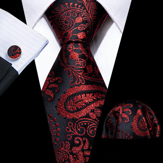 Red Black Paisley Silk Tie, Pocket Square and Cufflinks Set tie sets    - Sophisticated Gentlemen