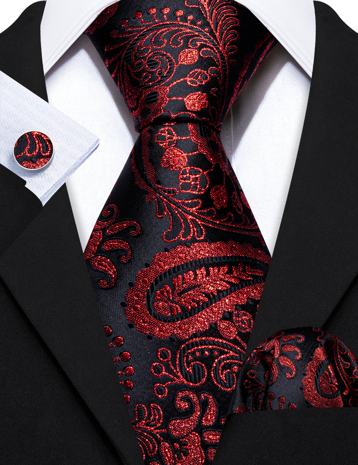 Red Black Paisley Silk Tie, Pocket Square and Cufflinks Set tie sets    - Sophisticated Gentlemen