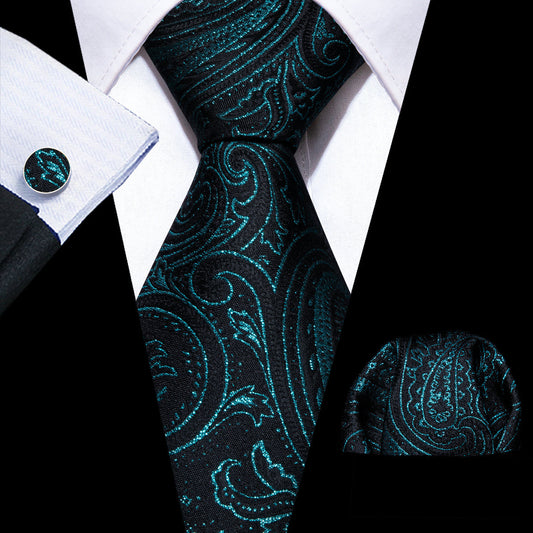 Black Deep Green Paisley Silk Tie, Pocket Square and Cufflinks Set tie sets    - Sophisticated Gentlemen