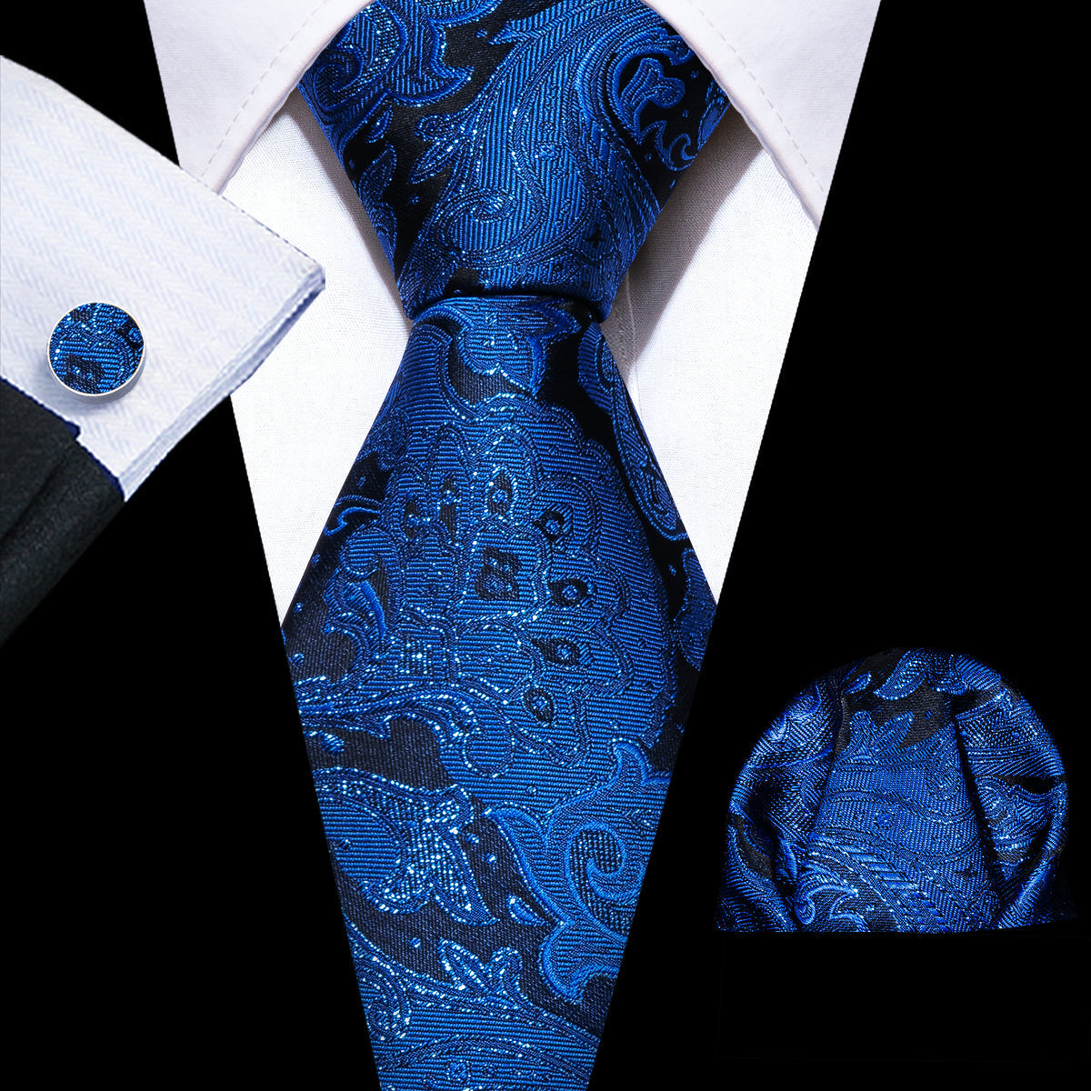 Royal Blue Paisley Silk Tie, Pocket Square, and Cufflinks Set tie sets    - Sophisticated Gentlemen