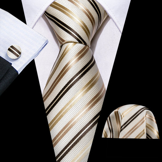 White Gold Striped Champagne Tie, Pocket Square and Cufflinks Set tie sets    - Sophisticated Gentlemen