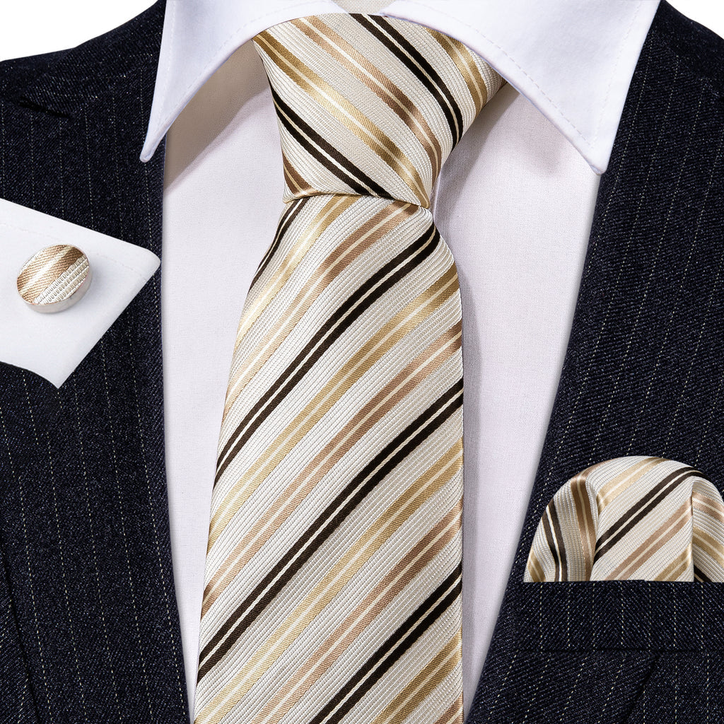 White Gold Striped Champagne Tie, Pocket Square and Cufflinks Set tie sets    - Sophisticated Gentlemen