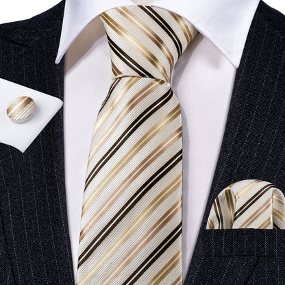 White Gold Striped Champagne Tie, Pocket Square and Cufflinks Set tie sets    - Sophisticated Gentlemen