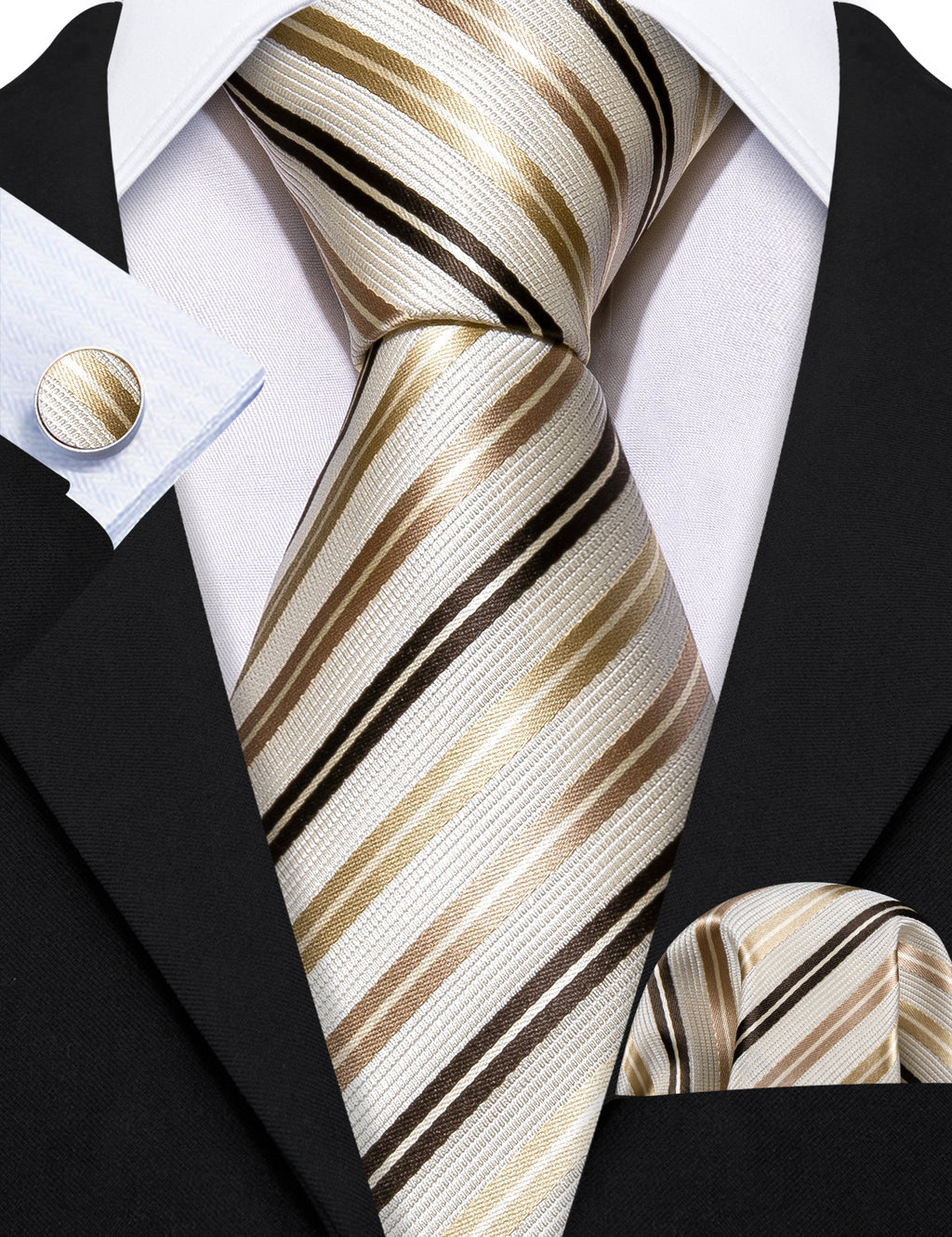 White Gold Striped Champagne Tie, Pocket Square and Cufflinks Set tie sets    - Sophisticated Gentlemen