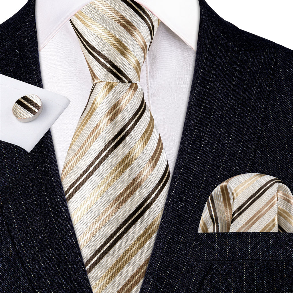 White Gold Striped Champagne Tie, Pocket Square and Cufflinks Set tie sets    - Sophisticated Gentlemen