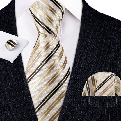 White Gold Striped Champagne Tie, Pocket Square and Cufflinks Set tie sets    - Sophisticated Gentlemen