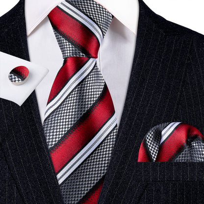 Red Gray Striped Novelty Silk Tie, Pocket Square and Cufflinks Set tie sets    - Sophisticated Gentlemen