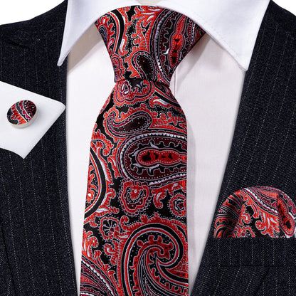 Red Black Formal Paisley Silk Tie, Pocket Square and Cufflinks Set tie sets    - Sophisticated Gentlemen