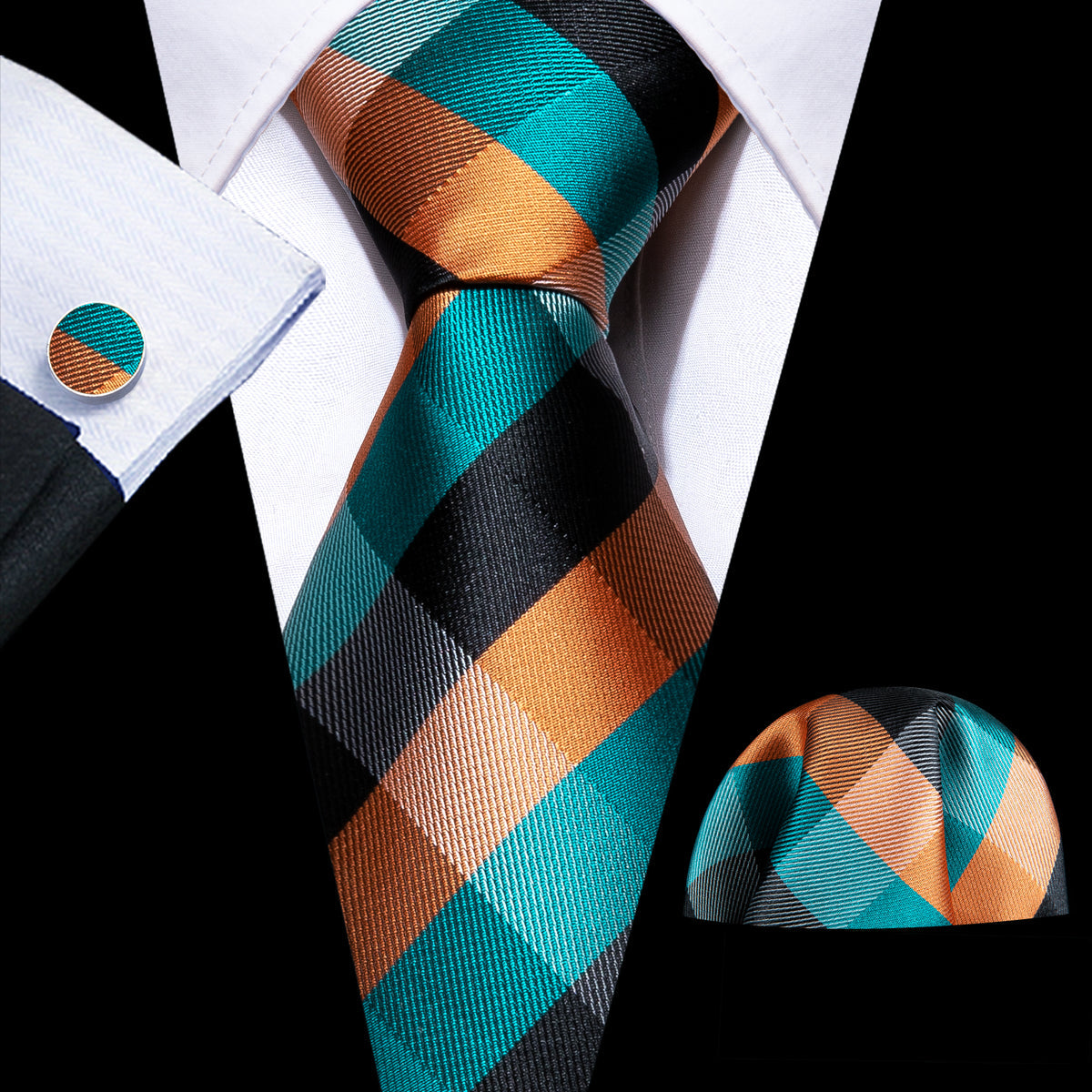 Blue Orange Plaid Silk Tie, Pocket Square and Cufflinks Set tie sets    - Sophisticated Gentlemen