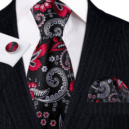 Black White Paisley Silk Tie, Pocket Square and Cufflinks Set tie sets    - Sophisticated Gentlemen