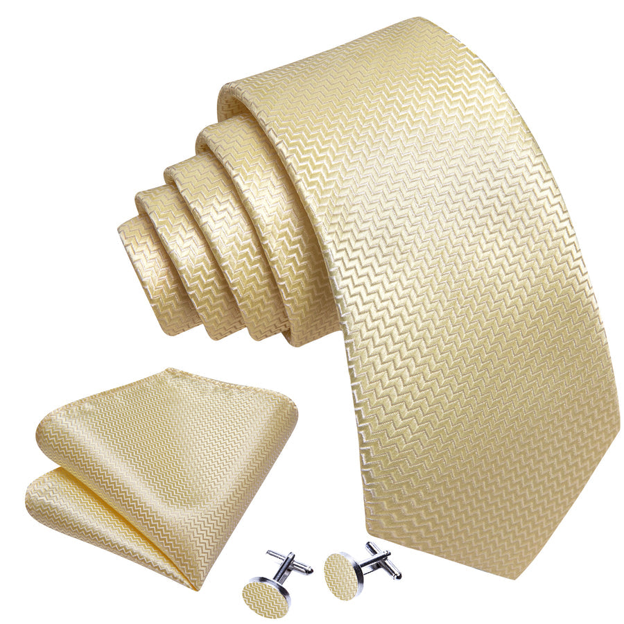 Cream Yellow Silk XL Tie, Pocket Square and Cufflinks tie sets    - Sophisticated Gentlemen