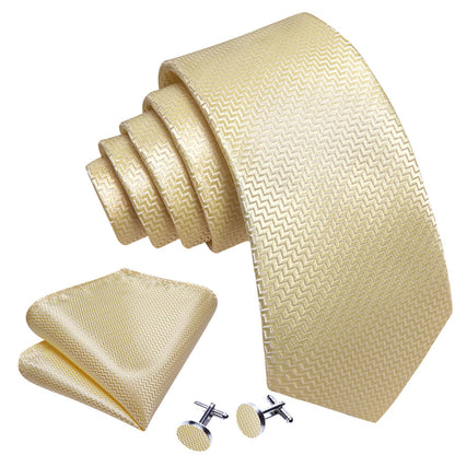 Cream Yellow Silk XL Tie, Pocket Square and Cufflinks tie sets    - Sophisticated Gentlemen