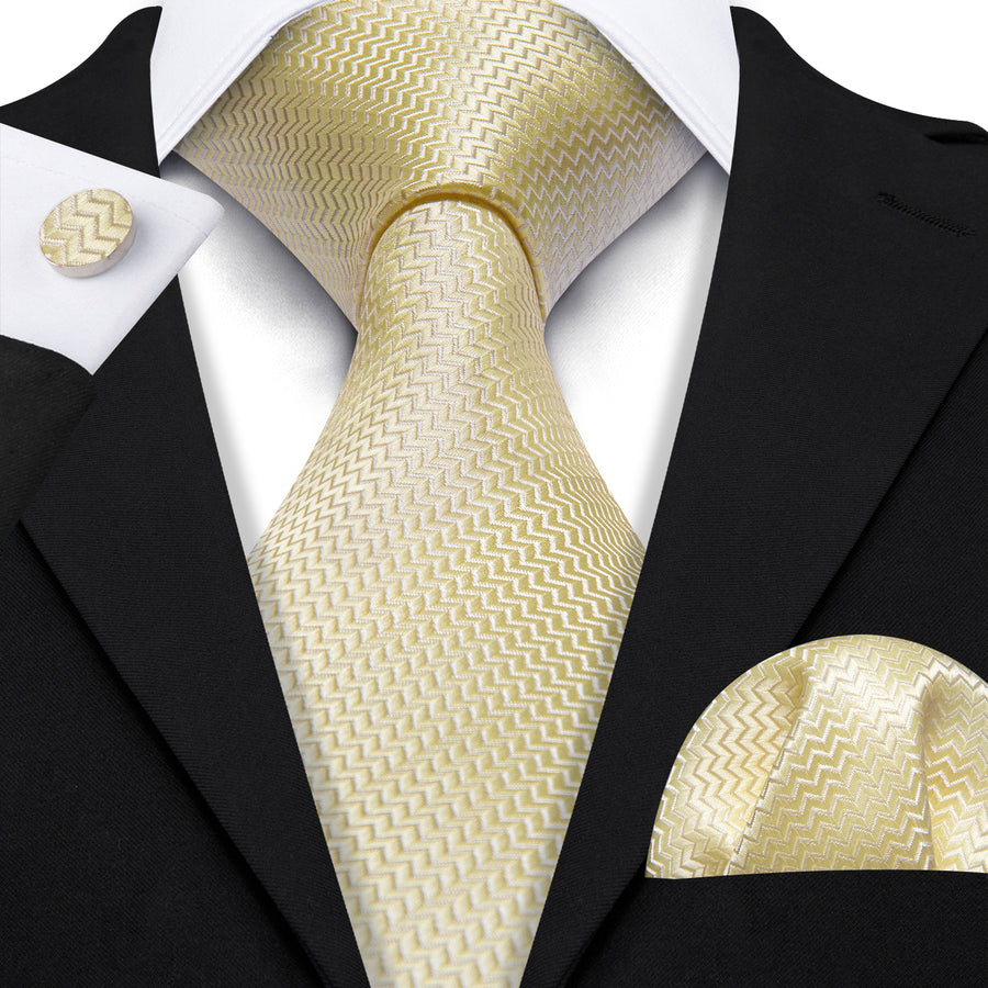 Cream Yellow Silk XL Tie, Pocket Square and Cufflinks tie sets    - Sophisticated Gentlemen