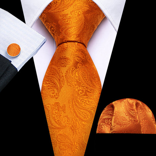 Orange Paisley XL Tie, Pocket Square and Cufflinks tie sets    - Sophisticated Gentlemen