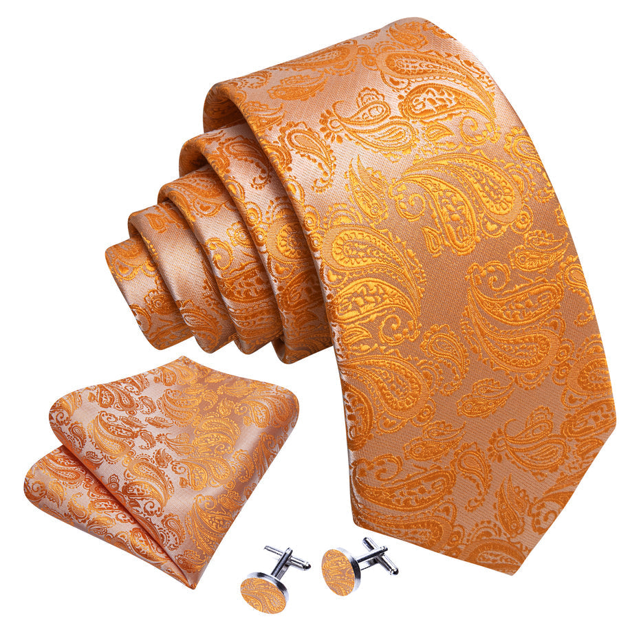 Light Orange Paisley XL Tie, Pocket Square and Cufflinks tie sets    - Sophisticated Gentlemen