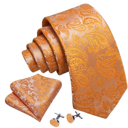 Light Orange Paisley XL Tie, Pocket Square and Cufflinks tie sets    - Sophisticated Gentlemen