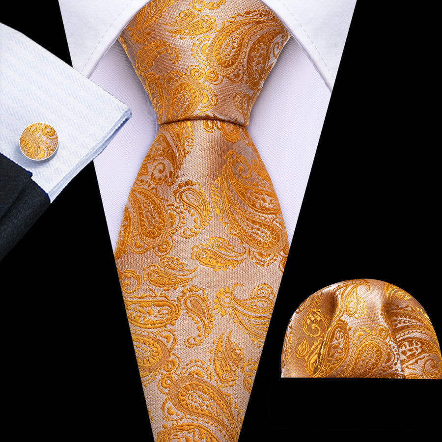 Light Orange Paisley XL Tie, Pocket Square and Cufflinks tie sets    - Sophisticated Gentlemen
