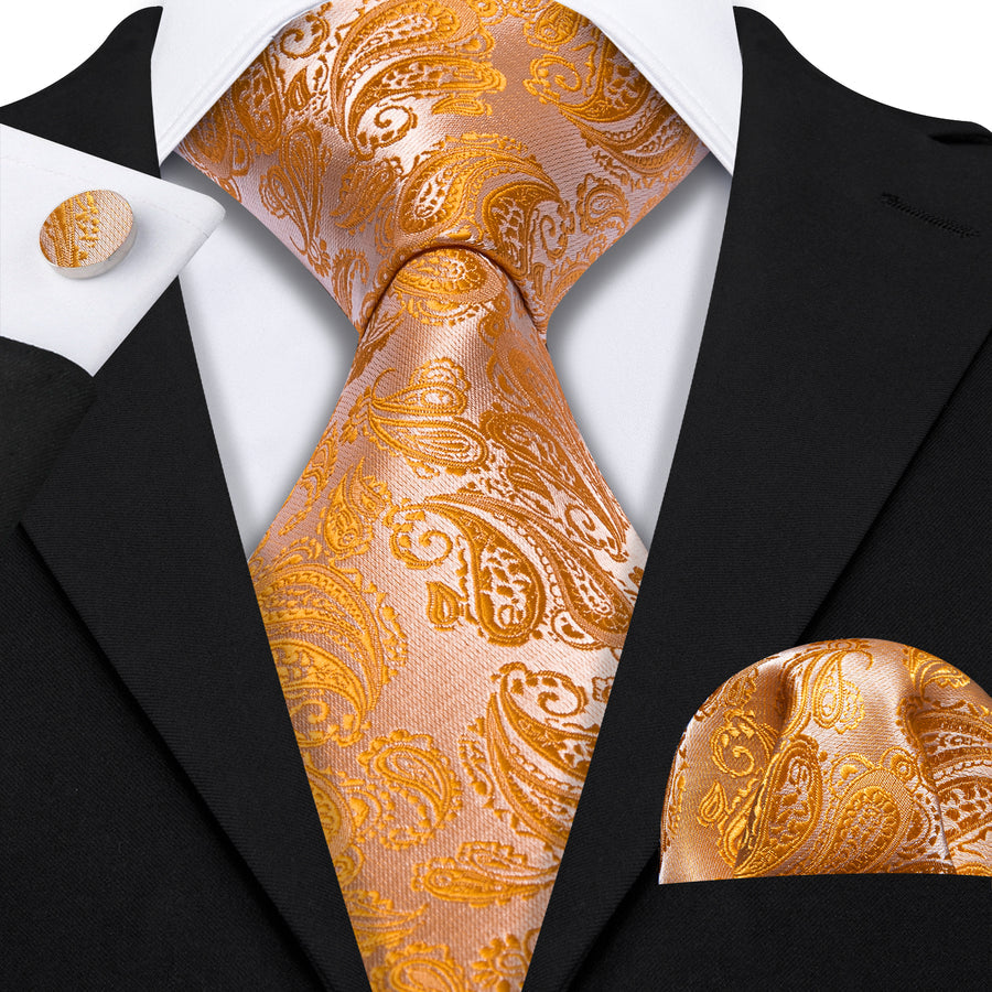 Light Orange Paisley XL Tie, Pocket Square and Cufflinks tie sets    - Sophisticated Gentlemen