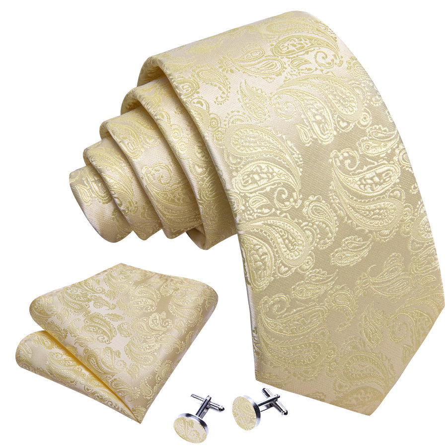 Cream Yellow Paisley XL Tie, Pocket Square and Cufflinks tie sets    - Sophisticated Gentlemen